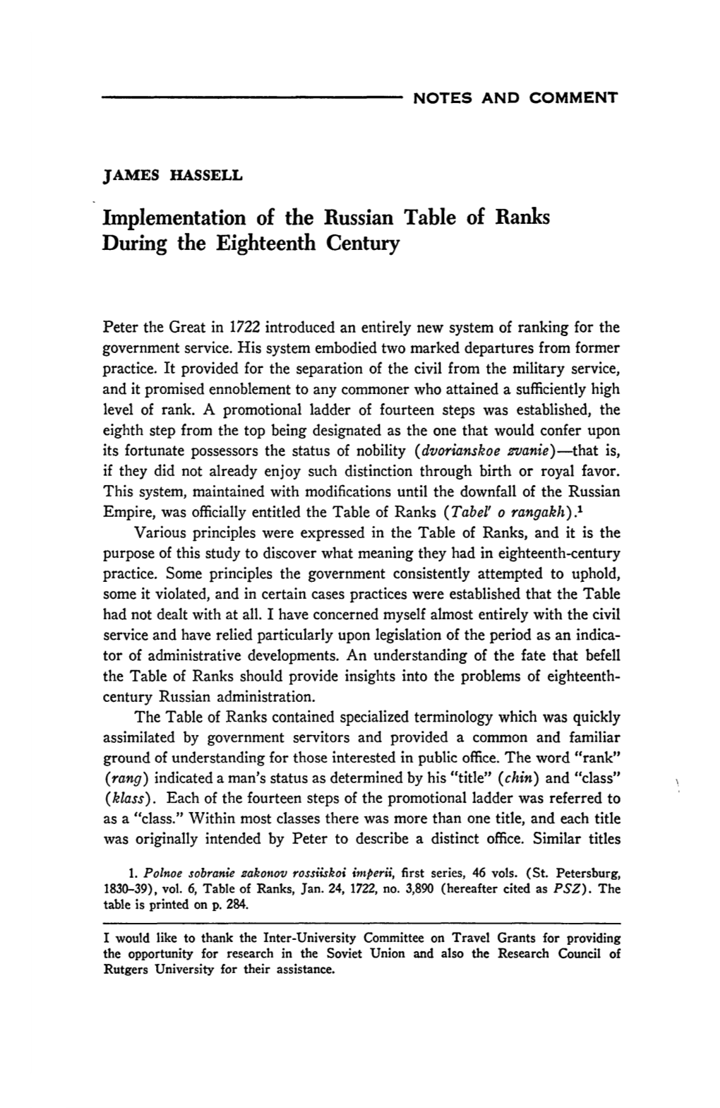 Implementation of the Russian Table of Ranks During the Eighteenth Century