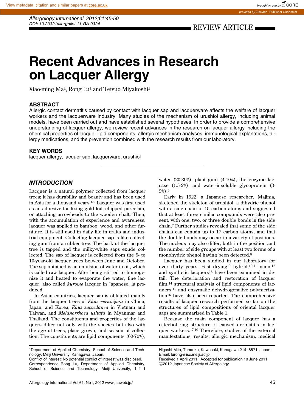 Recent Advances in Research on Lacquer Allergy Xiao-Ming Ma1,Ronglu1 and Tetsuo Miyakoshi1