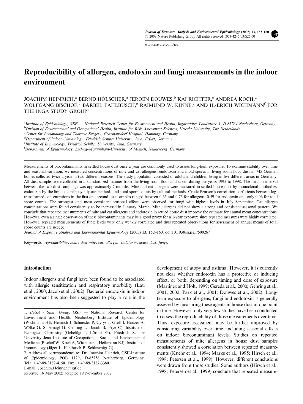 Reproducibility of Allergen, Endotoxin and Fungi Measurements in the Indoor Environment