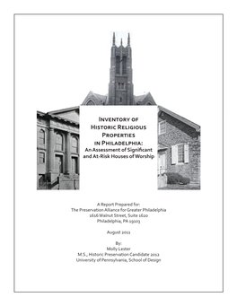 Inventory of Historic Religious Properties in Philadelphia: an Assessment of Significant and At-Risk Houses of Worship
