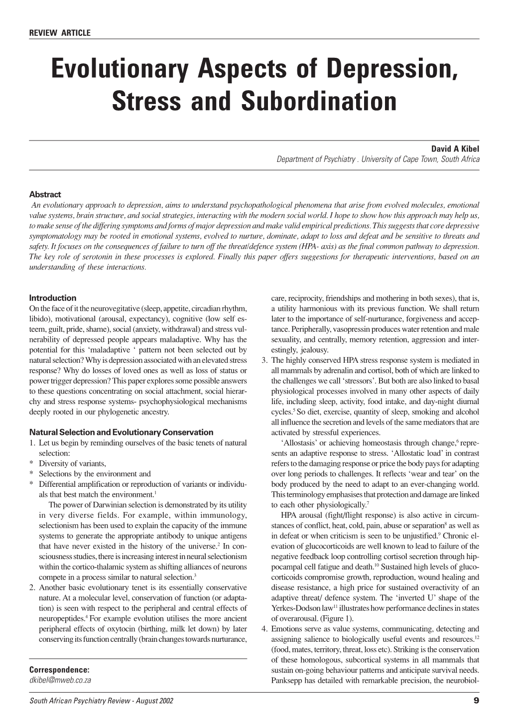 Evolutionary Aspects of Depression, Stress and Subordination