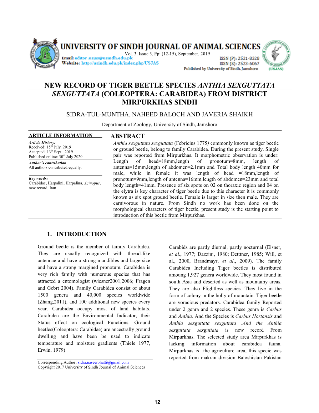 New Record of Tiger Beetle Species Anthia Sexguttata Sexguttata (Coleoptera: Carabidea) from District Mirpurkhas Sindh