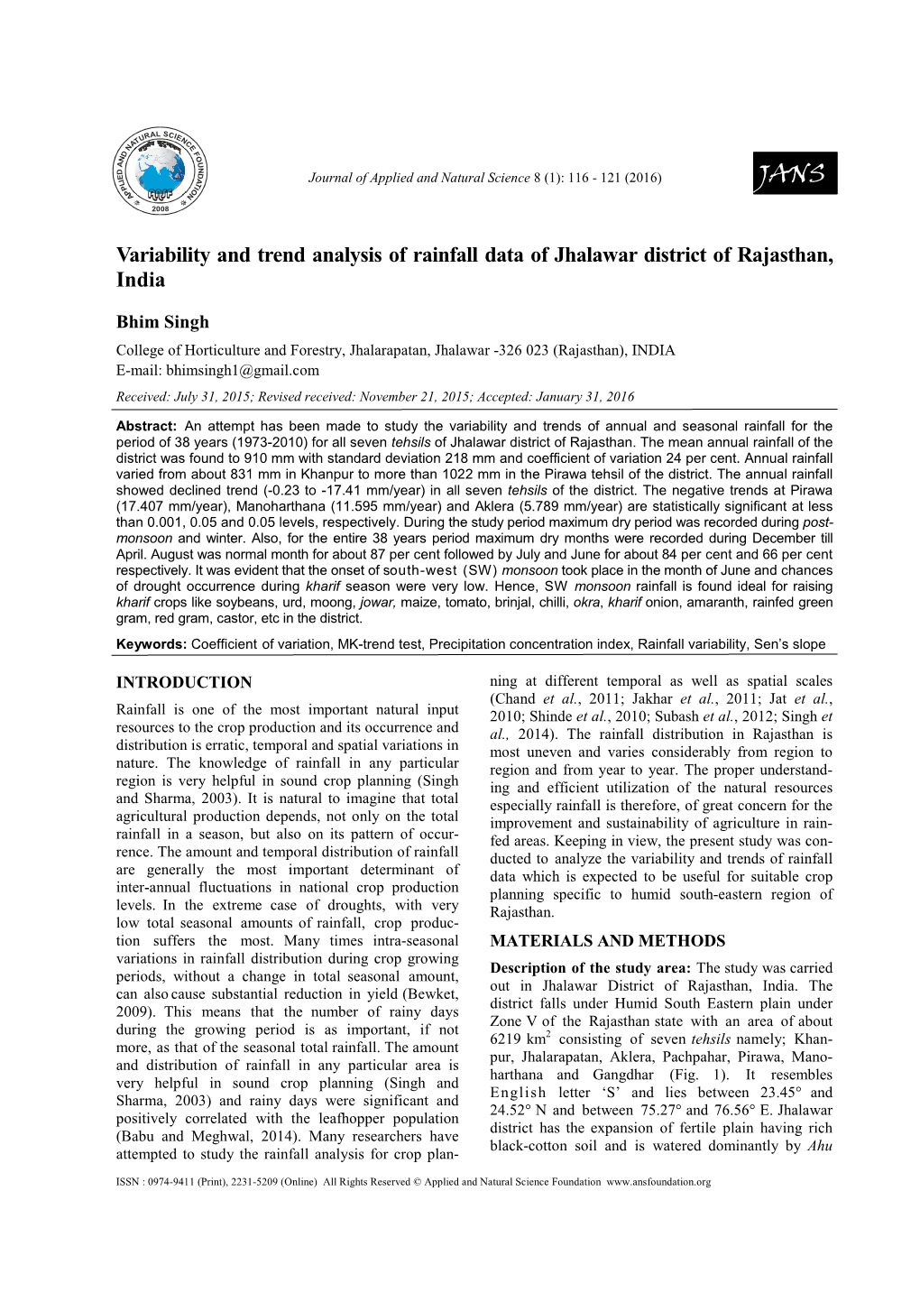 Variability and Trend Analysis of Rainfall Data of Jhalawar District of Rajasthan, India
