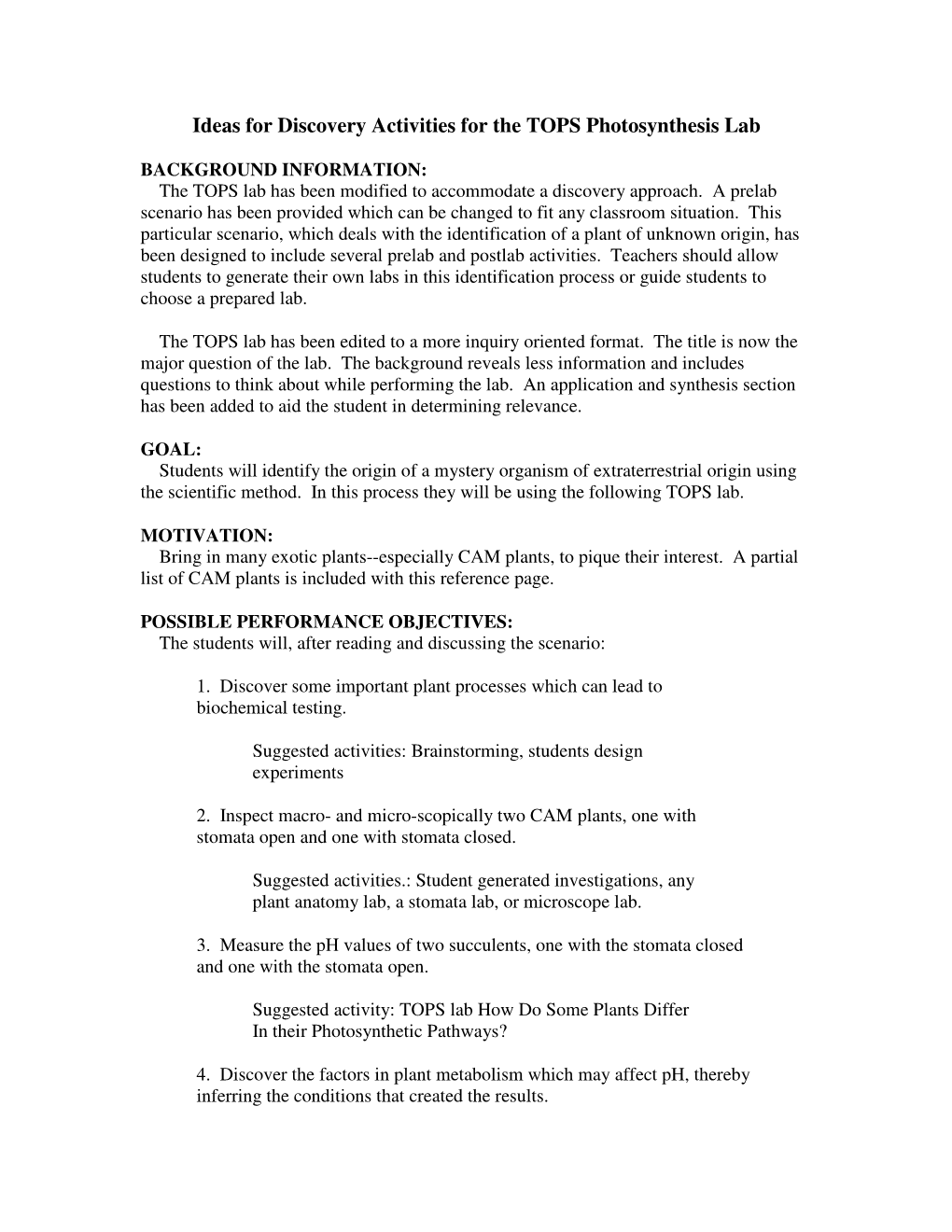 Ideas for Discovery Activities for the TOPS Photosynthesis Lab