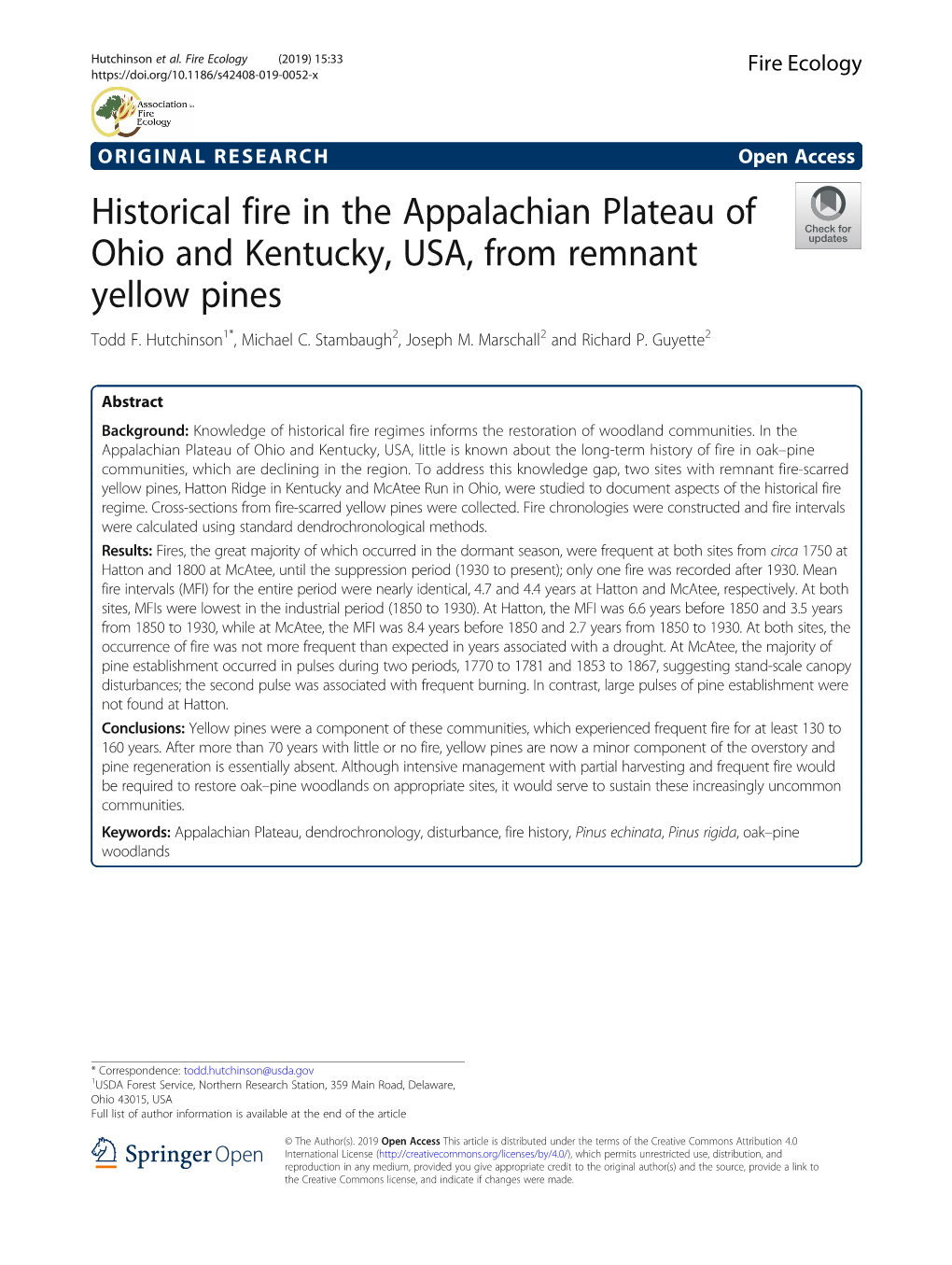 Historical Fire in the Appalachian Plateau of Ohio and Kentucky, USA, from Remnant Yellow Pines Todd F