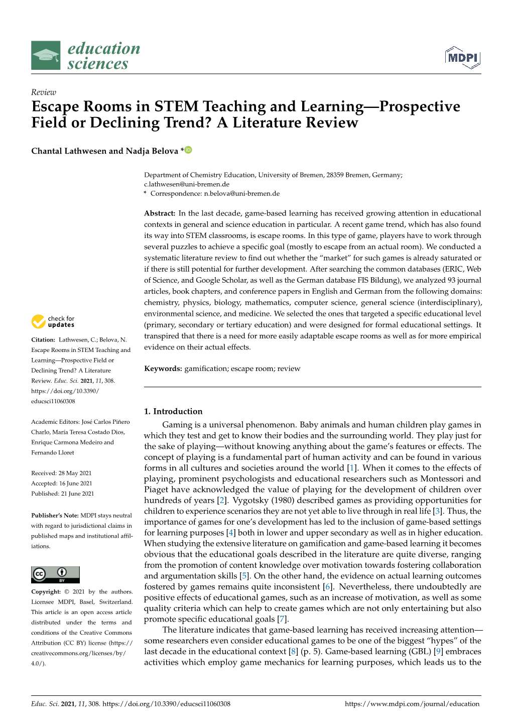 Escape Rooms in STEM Teaching and Learning—Prospective Field Or Declining Trend? a Literature Review