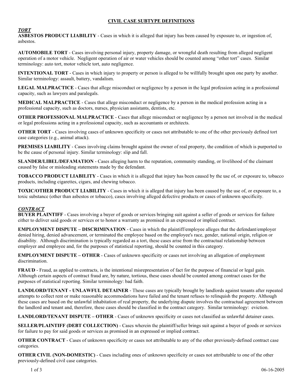 1 of 3 06-16-2005 CIVIL CASE SUBTYPE DEFINITIONS TORT