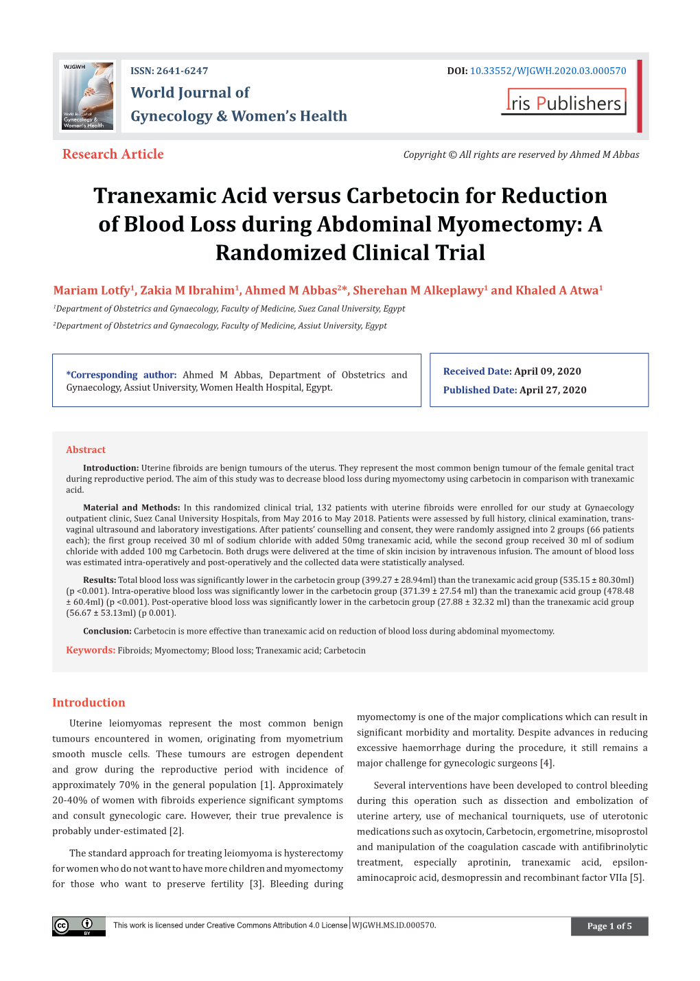 Tranexamic Acid Versus Carbetocin for Reduction of Blood Loss During Abdominal Myomectomy: a Randomized Clinical Trial
