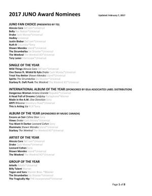 2017 JUNO Award Nominees Updated: February 7, 2017