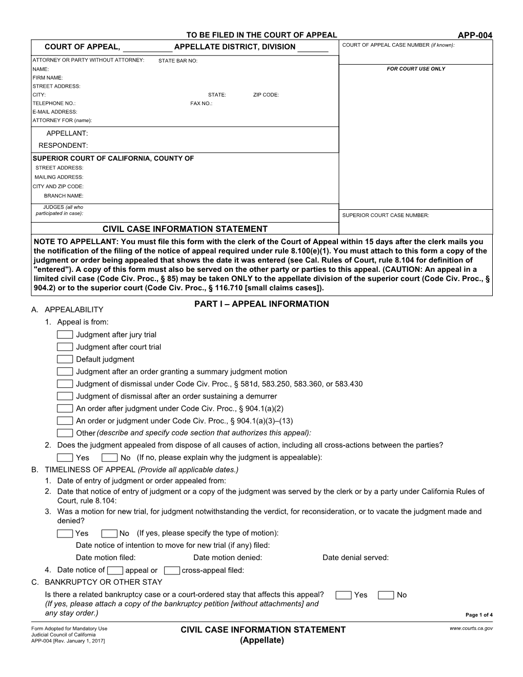 APP-004 Civil Case Information Statement (Appellate)