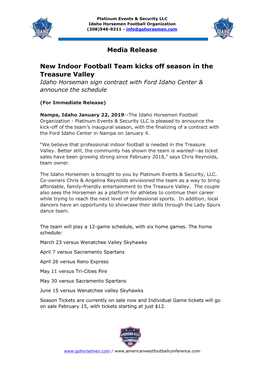 Media Release New Indoor Football Team Kicks Off Season in The
