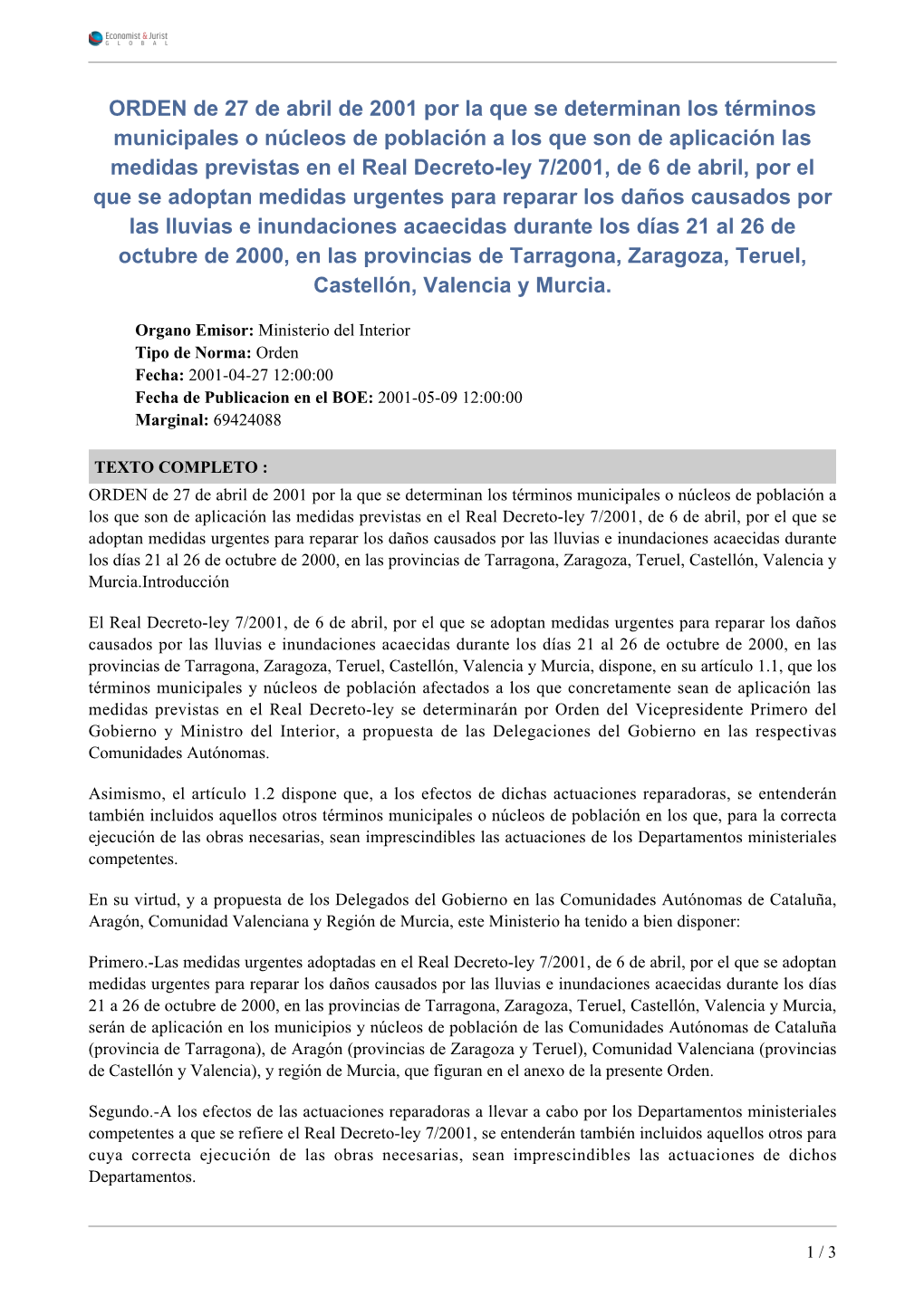 ORDEN De 27 De Abril De 2001 Por La Que Se Determinan Los