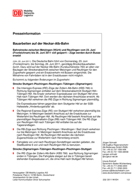 Presseinformation Bauarbeiten Auf Der Neckar-Alb-Bahn