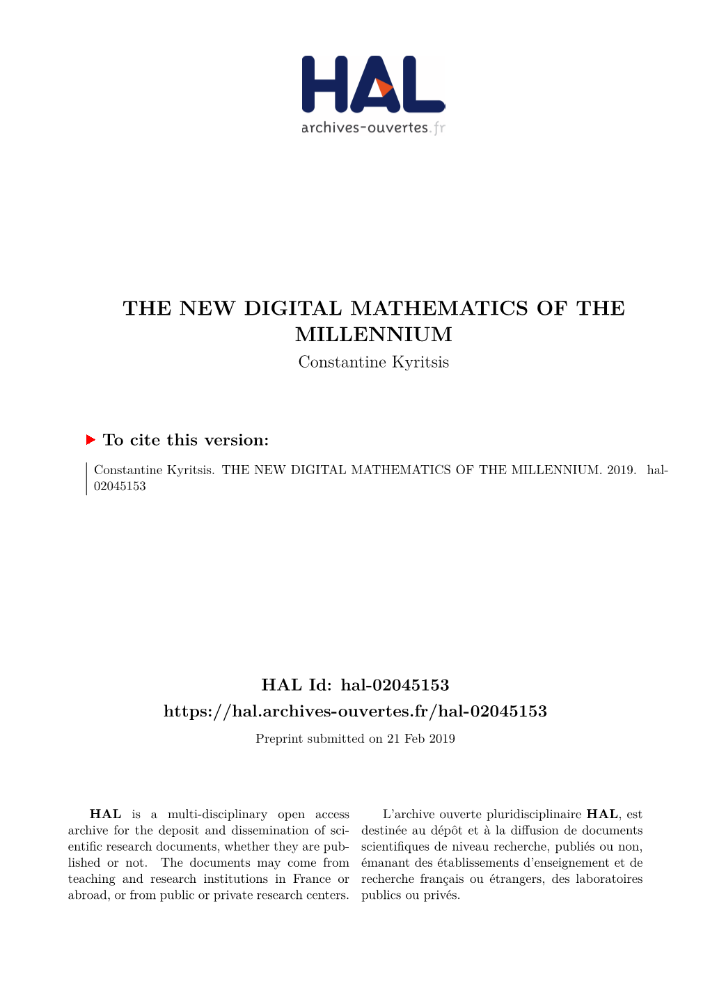 THE NEW DIGITAL MATHEMATICS of the MILLENNIUM Constantine Kyritsis