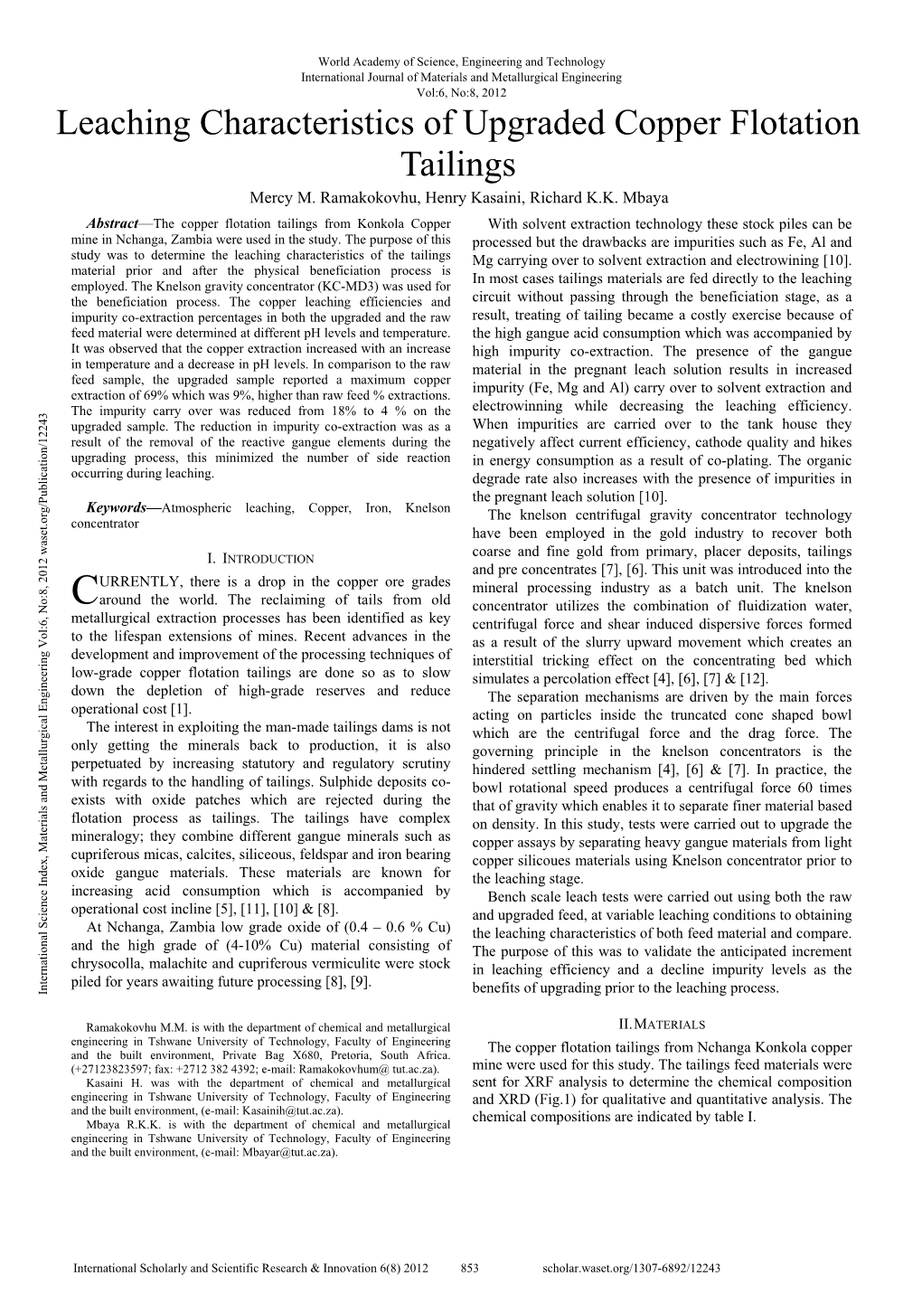 Leaching Characteristics of Upgraded Copper Flotation Tailings Mercy M