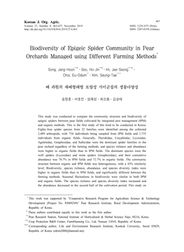 Biodiversity of Epigeic Spider Community in Pear Orchards Managed Using Different Farming Methods* 1)