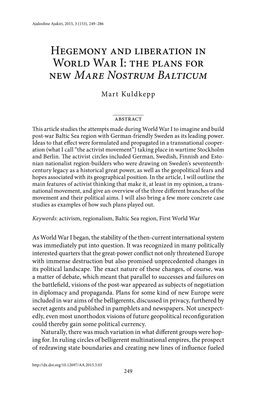 Hegemony and Liberation in World War I: the Plans for New Mare Nostrum Balticum