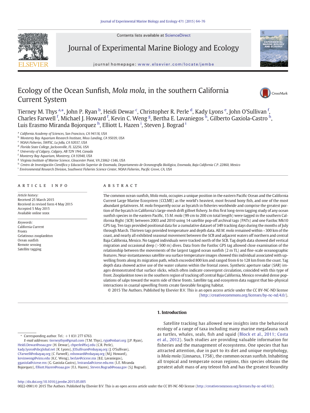 Ecology of the Ocean Sunfish, Mola Mola, in the Southern California Current System