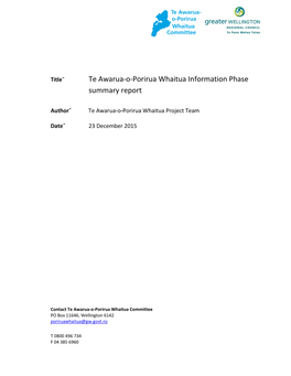 Te Awarua-O-Porirua Whaitua Information Phase Summary Report