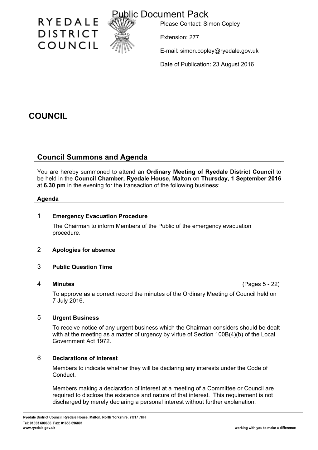 (Public Pack)Agenda Document for Council, 01/09/2016 18:30