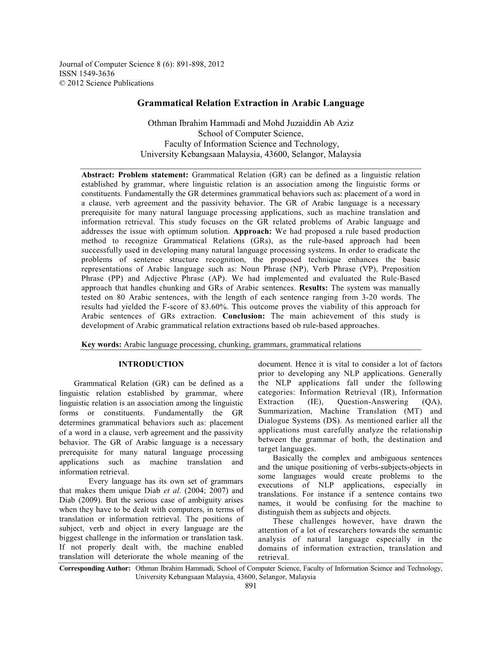 Grammatical Relation Extraction in Arabic Language