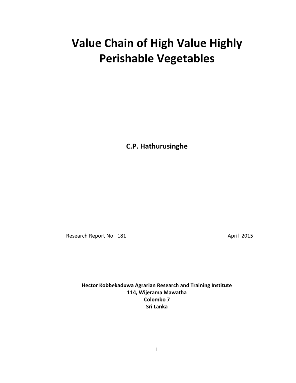 Value Chain of High Value Highly Perishable Vegetables