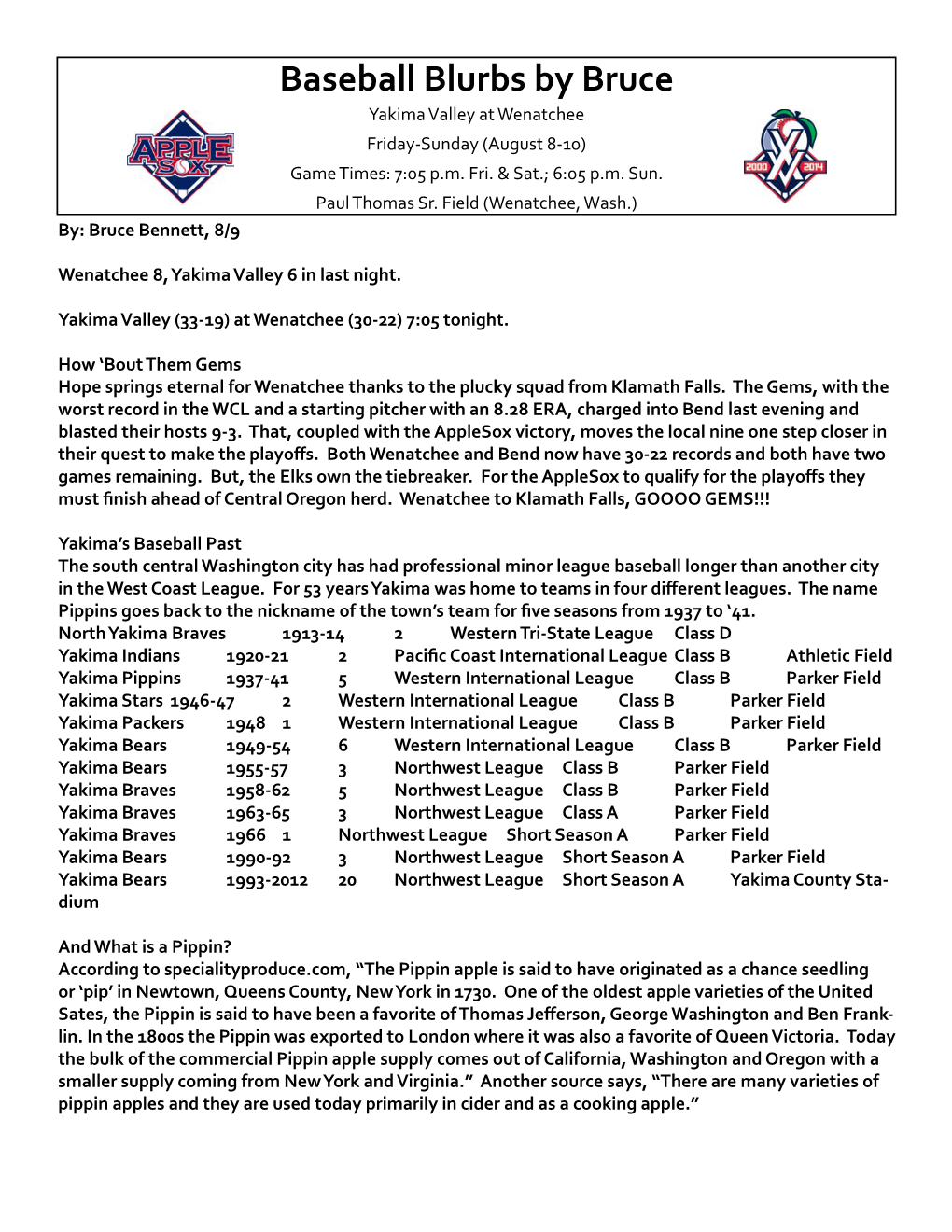 Baseball Blurbs by Bruce Yakima Valley at Wenatchee Friday-Sunday (August 8-10) Game Times: 7:05 P.M