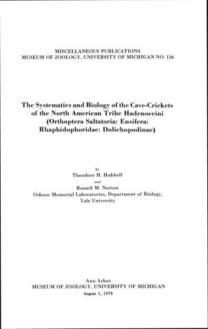 The Systematics and Biology of the Cave-Crickets of the North American Tribe Hadenoecini (Orthoptera Saltatoria: Ensifera: Rhaphidophoridae: Dolichopodinae)