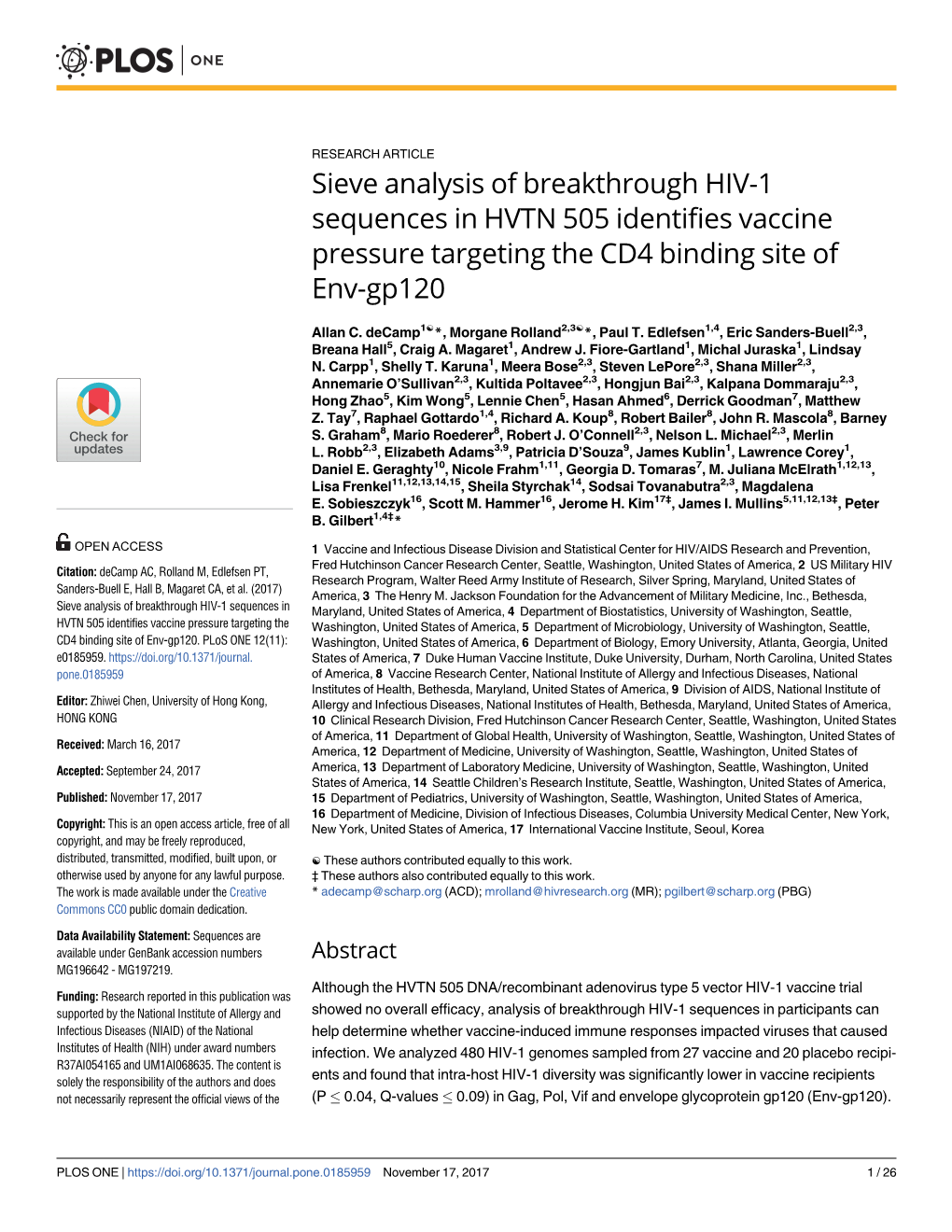 Sieve Analysis of Breakthrough HIV-1 Sequences in HVTN 505 Identifies Vaccine Pressure Targeting the CD4 Binding Site of Env-Gp120