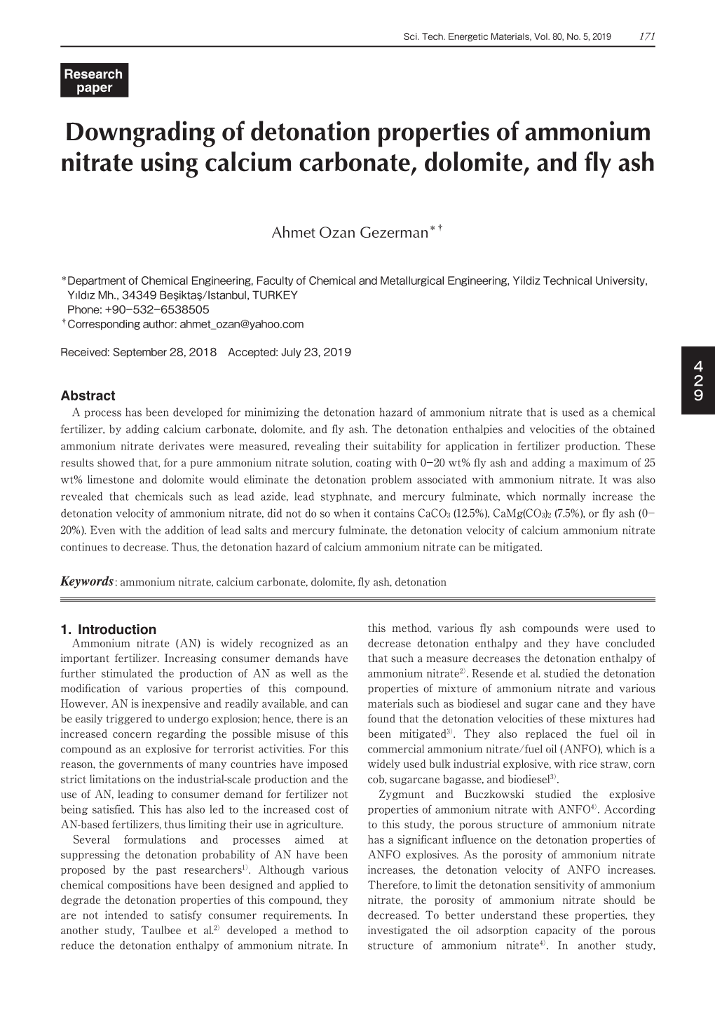 Downgrading of Detonation Properties of Ammonium Nitrate Using Calcium Carbonate, Dolomite, and Fly Ash