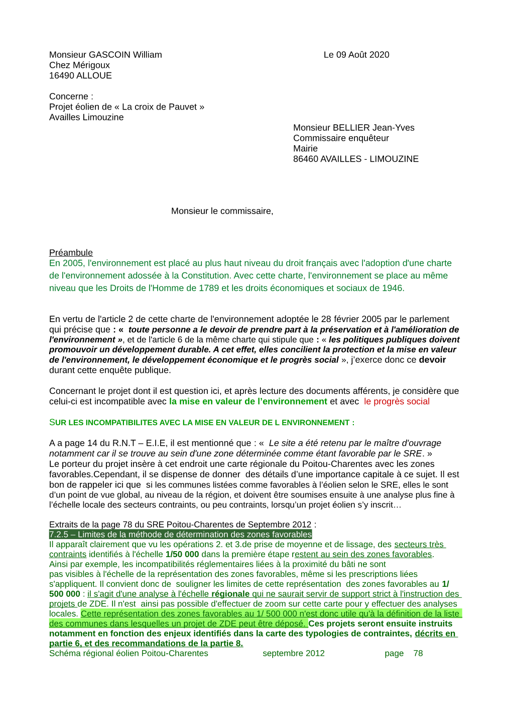 Monsieur GASCOIN William Le 09 Août 2020 Chez Mérigoux 16490 ALLOUE Concerne : Projet Éolien De « La Croix De Pauvet » Avai