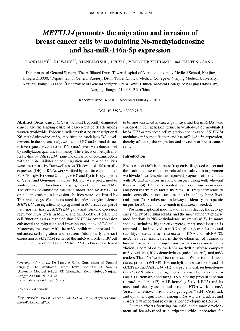 Mettl14promotes the Migration and Invasion of Breast Cancer Cells By