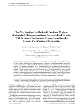Two New Species of the Henicopid Centipede Henicops (Chilopoda