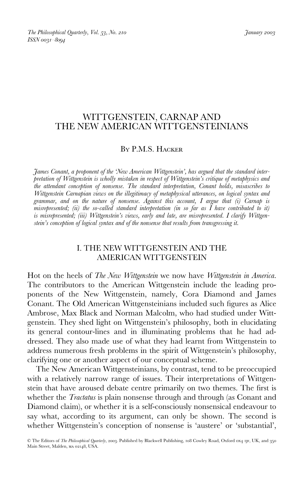 Wittgenstein, Carnap and the New American Wittgensteinians