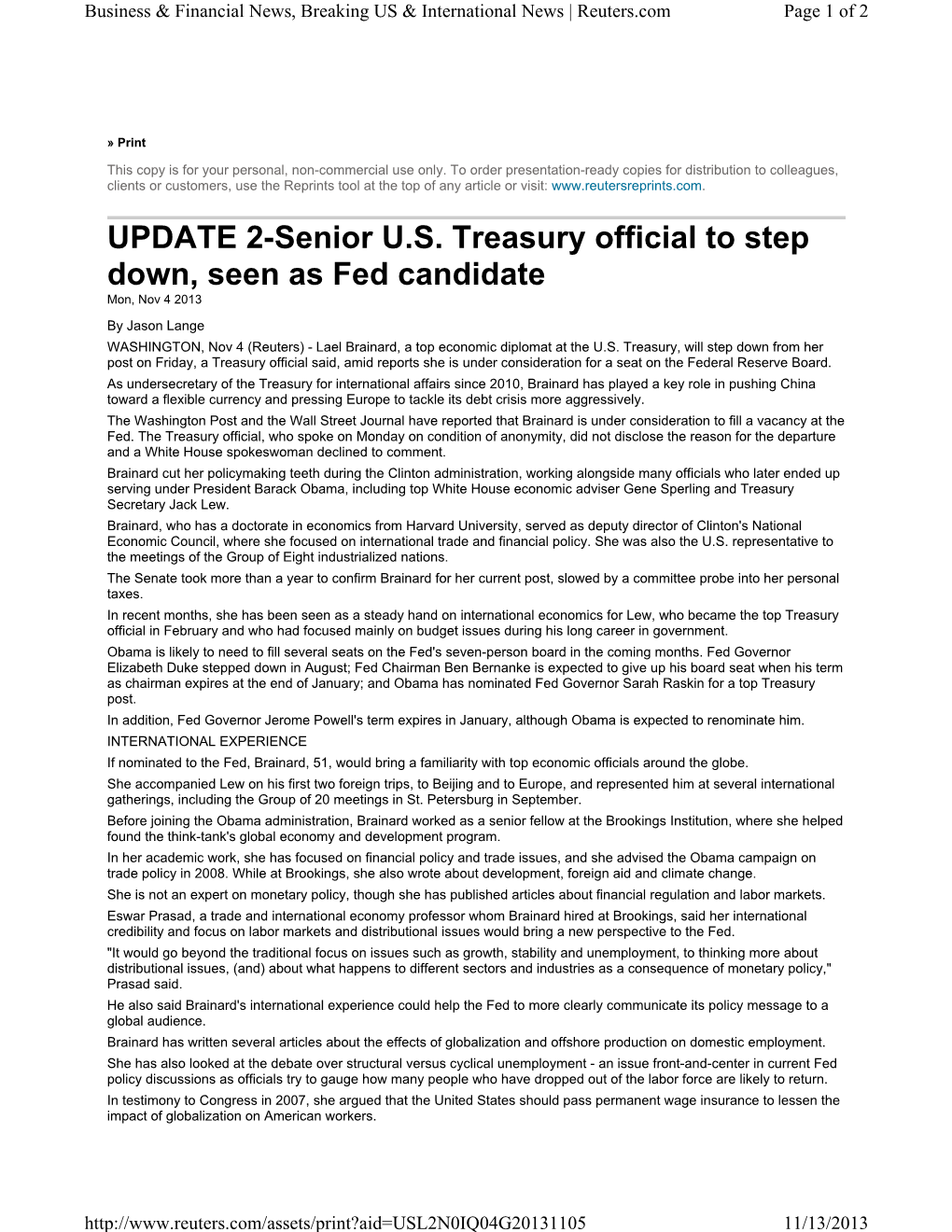 UPDATE 2-Senior U.S. Treasury Official to Step Down, Seen As Fed