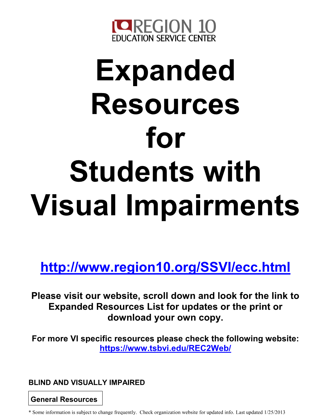 Expanded Resources for Students with Visual Impairments