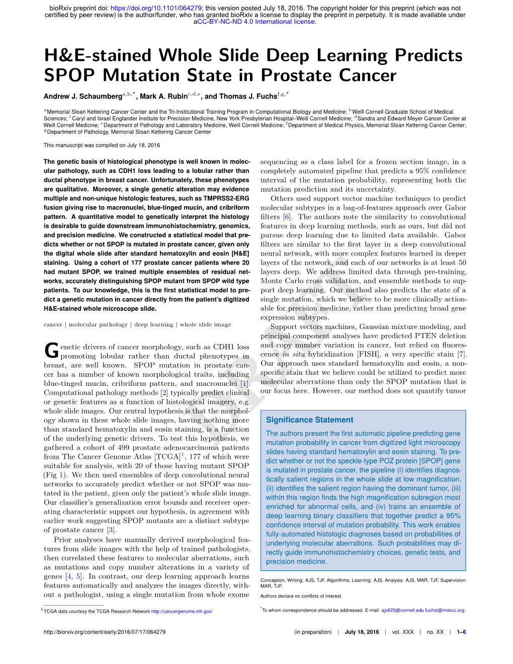 H&E-Stained Whole Slide Deep Learning Predicts SPOP Mutation