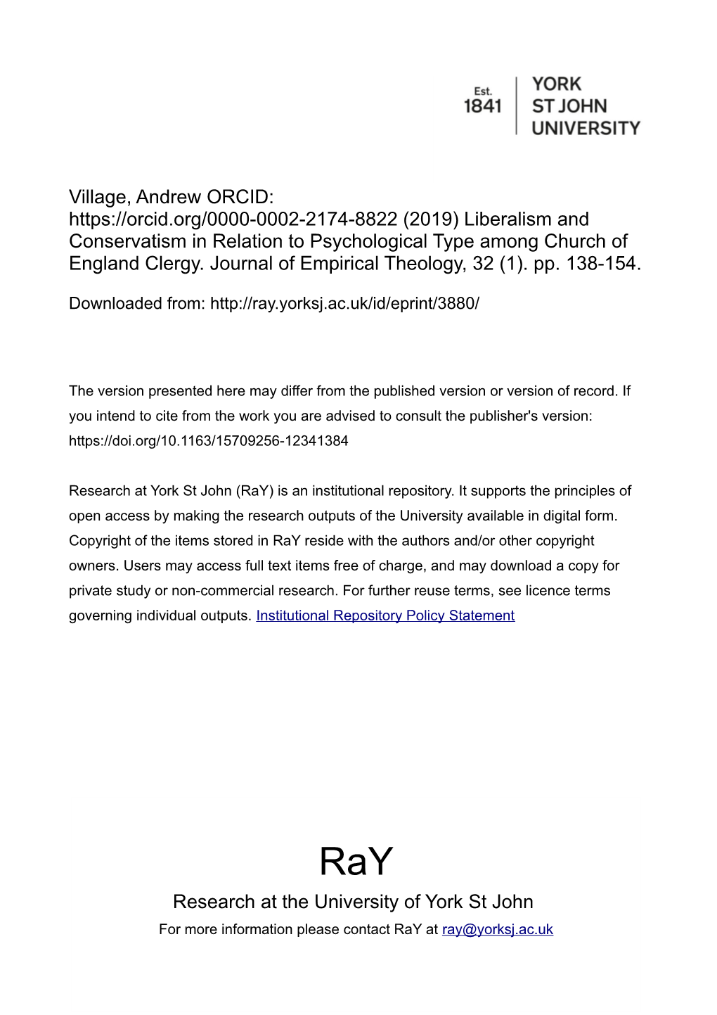 Village, Andrew ORCID: (2019) Liberalism and Conservatism in Relation to Psychological Type Among Church of England Clergy