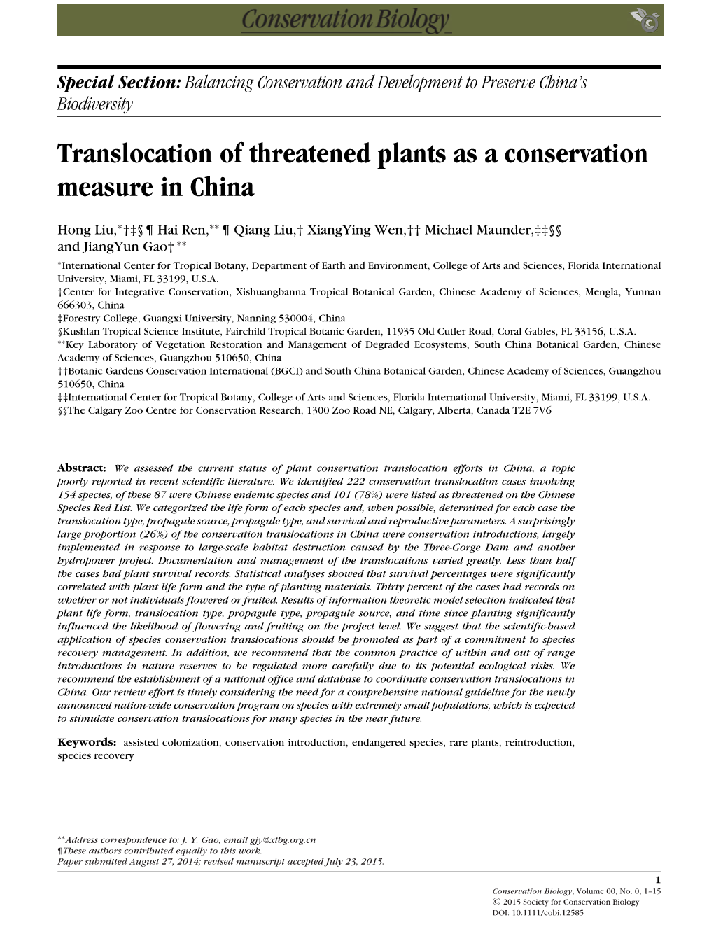 Translocation of Threatened Plants As a Conservation Measure in China