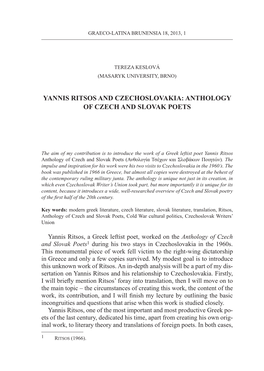Yannis Ritsos and Czechoslovakia: Anthology of Czech and Slovak Poets