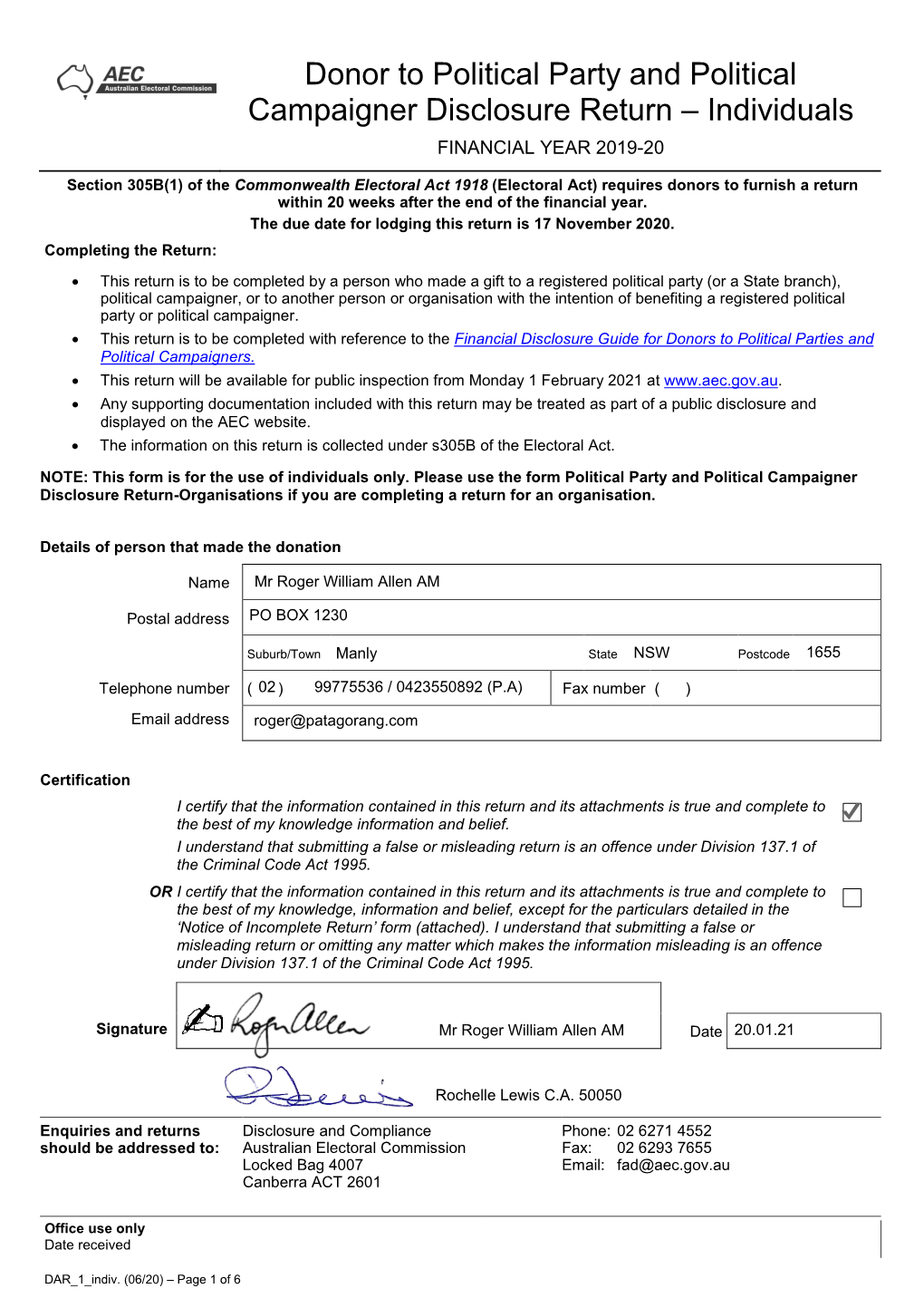 Donor to Political Party and Political Campaigner Disclosure Return – Individuals FINANCIAL YEAR 2019-20