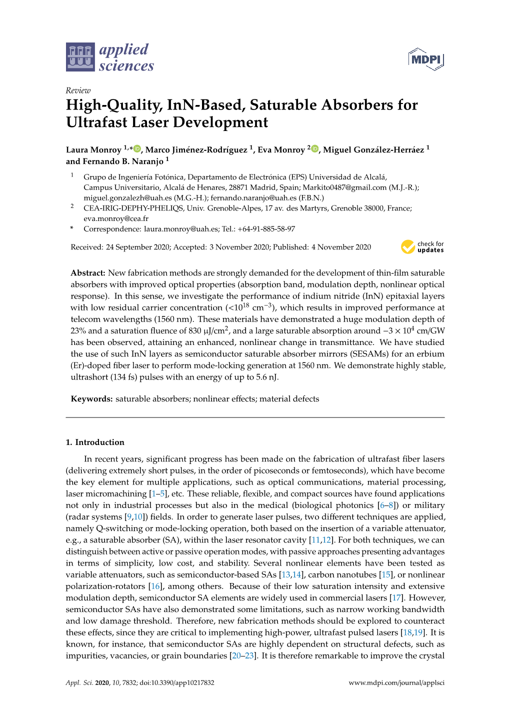 High-Quality, Inn-Based, Saturable Absorbers for Ultrafast Laser Development