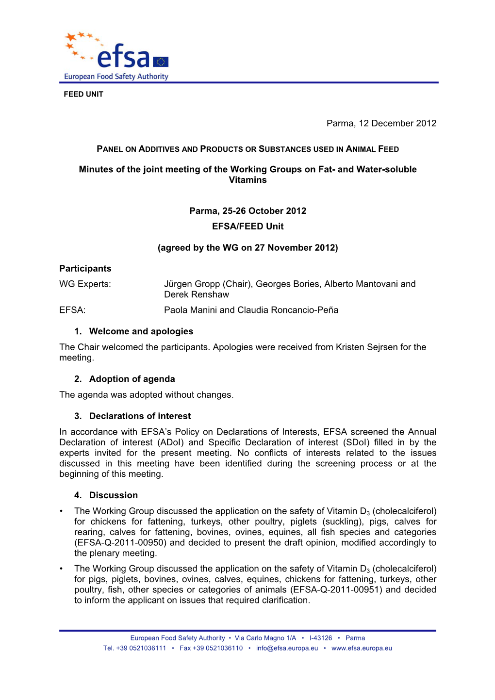 Meeting Minutes of the Working Group of Vitamins