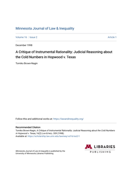 A Critique of Instrumental Rationality: Judicial Reasoning About the Cold Numbers in Hopwood V