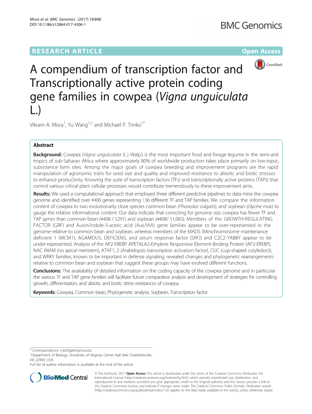 A Compendium of Transcription Factor and Transcriptionally Active Protein Coding Gene Families in Cowpea (Vigna Unguiculata L.) Vikram A