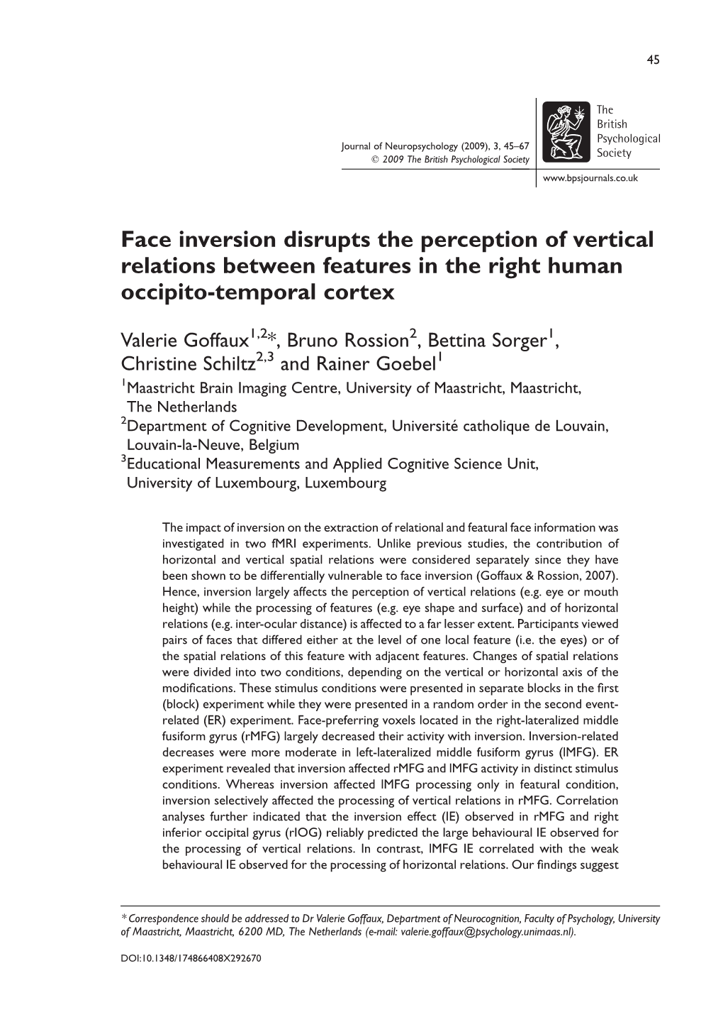 Face Inversion Disrupts the Perception of Vertical Relations Between Features in the Right Human Occipito-Temporal Cortex