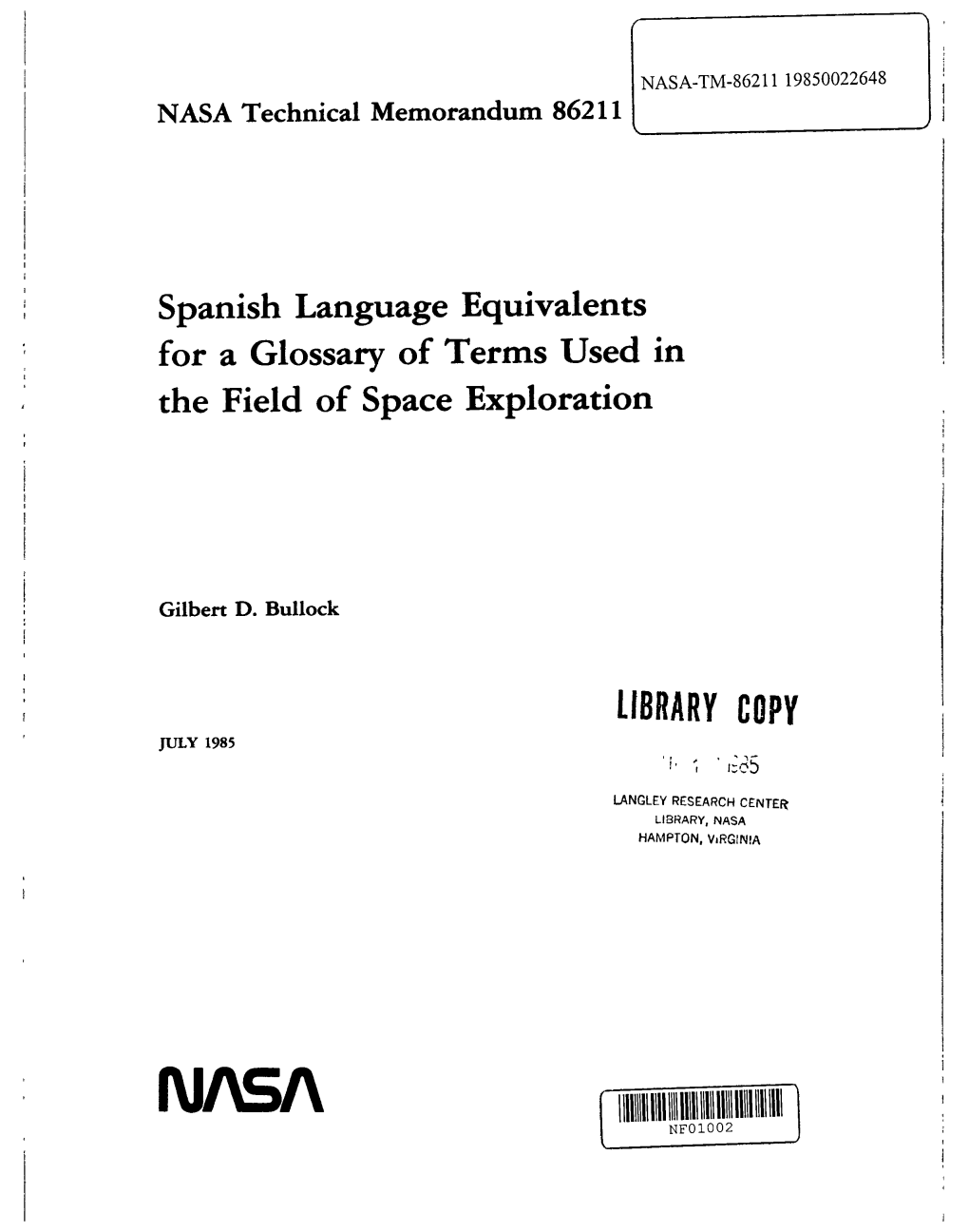 NI\S/\ 11I1I11I1 1I1i 1111 1111111111 11111 11111 1111 1111 NF01002 NASA Technical Memorandum 86211