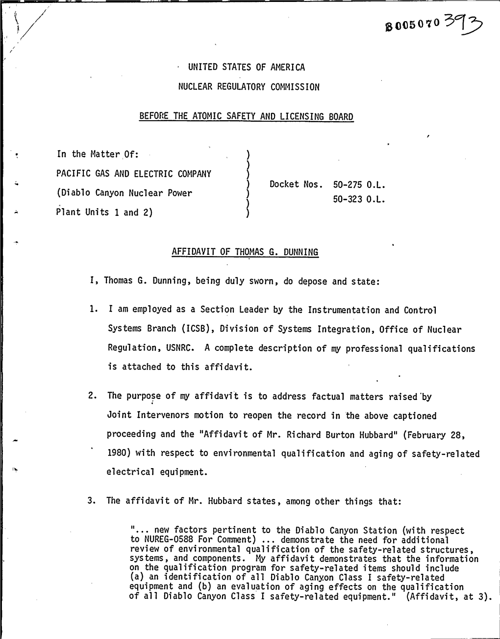 Affidavit Re Environ Qualification & Aging of Safety-Related Electrical