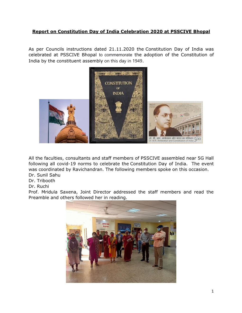 1 Report on Constitution Day of India Celebration 2020 at PSSCIVE Bhopal As Per Councils Instructions Dated 21.11.2020 the Const