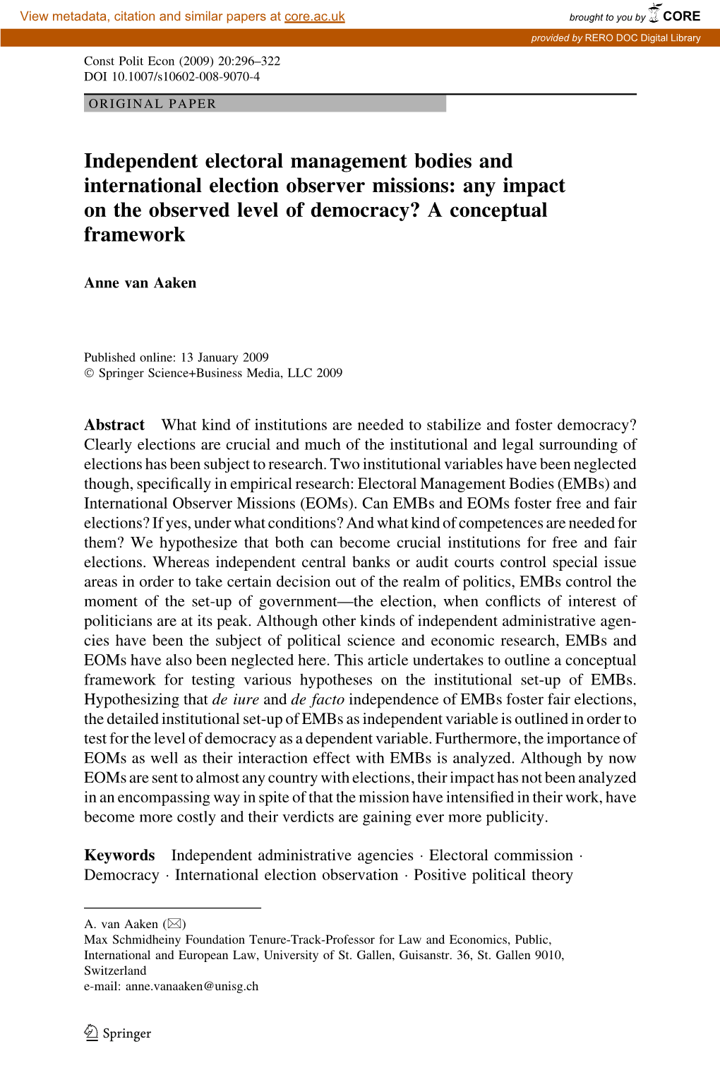 Independent Electoral Management Bodies and International Election Observer Missions: Any Impact on the Observed Level of Democracy? a Conceptual Framework